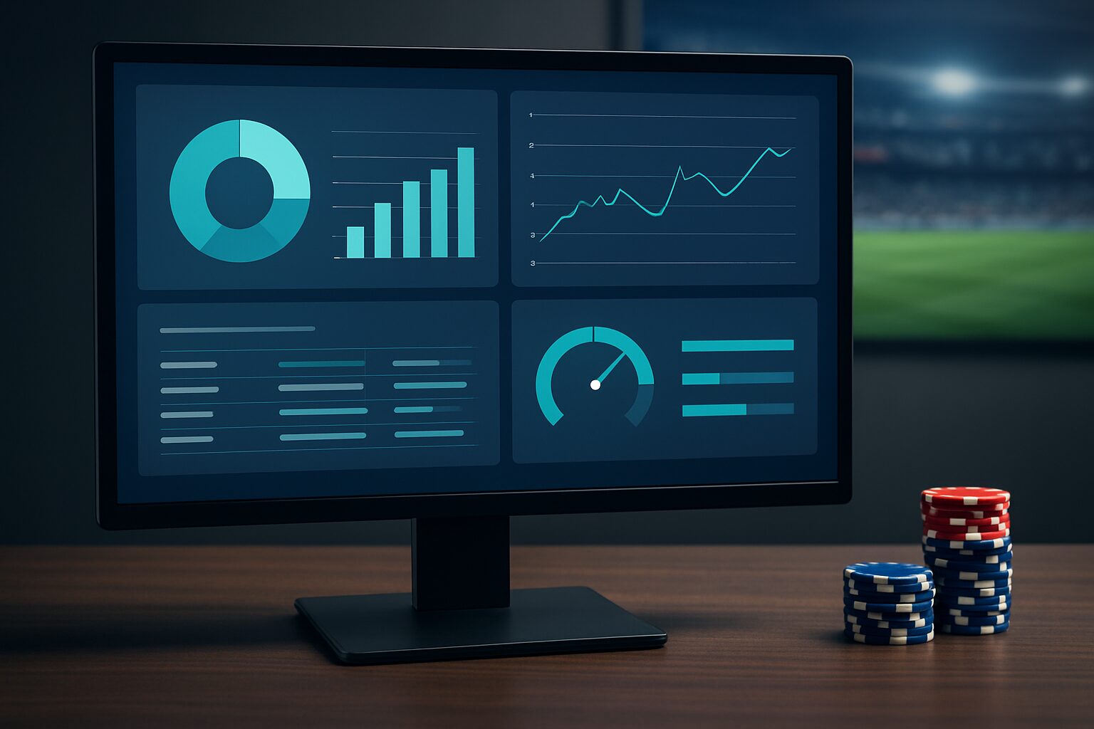 A computer monitor displaying various charts and metrics related to performance indicators, beside poker chips.