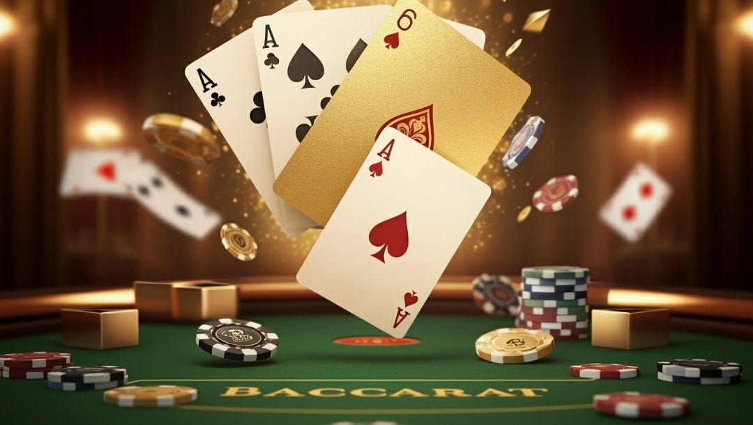 Playing cards and poker chips on a green felt table in a casino setting