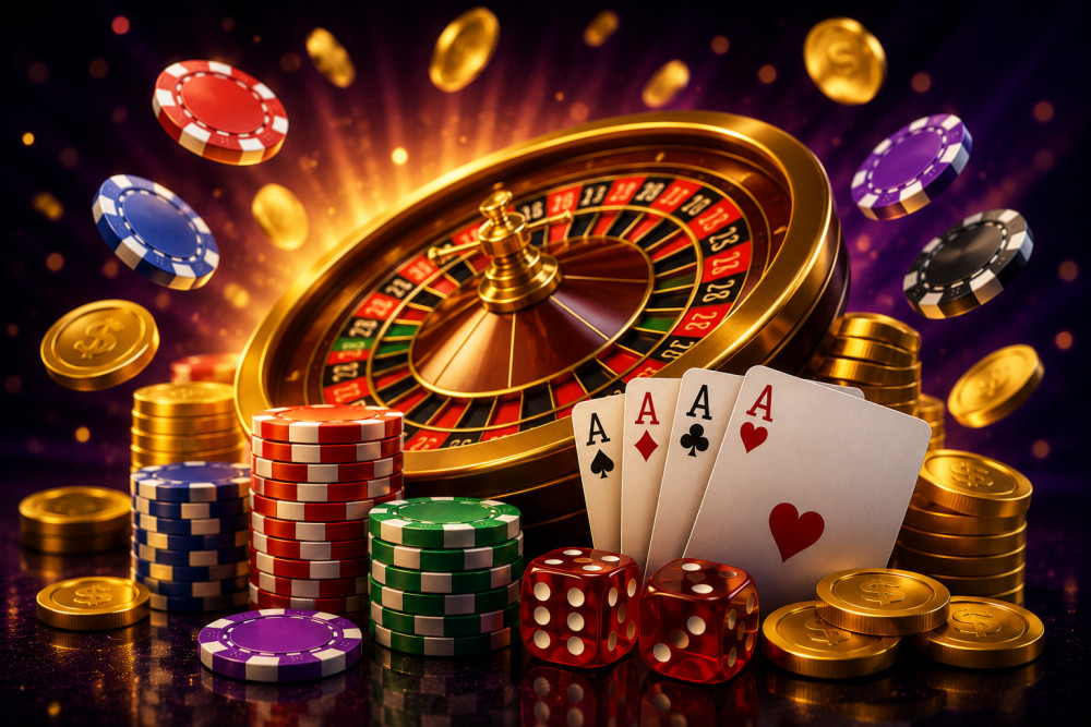 A vibrant display of poker chips, playing cards, and casino tokens, suggesting a gambling theme.