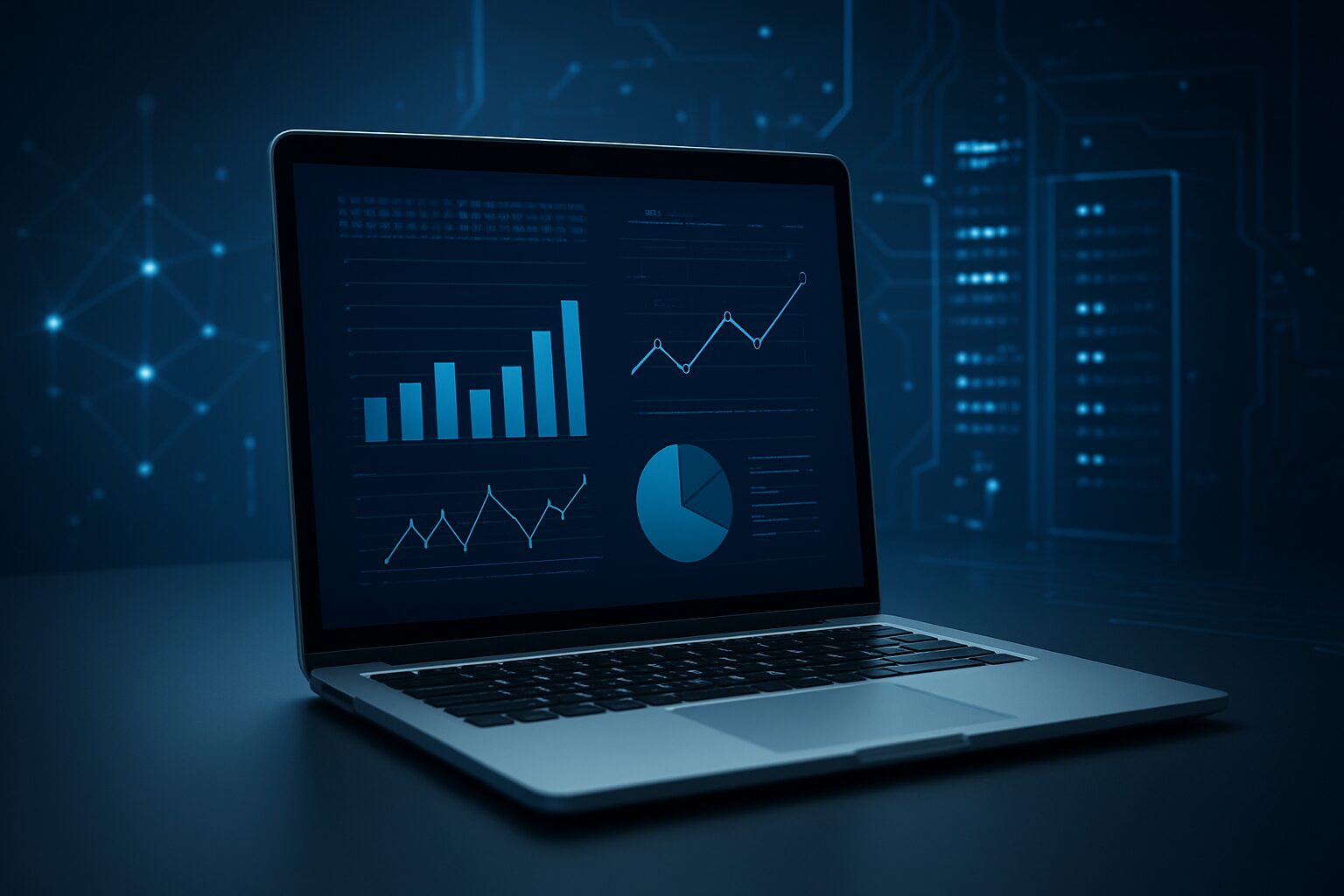 A laptop displaying various statistics and data visualizations on a dark background