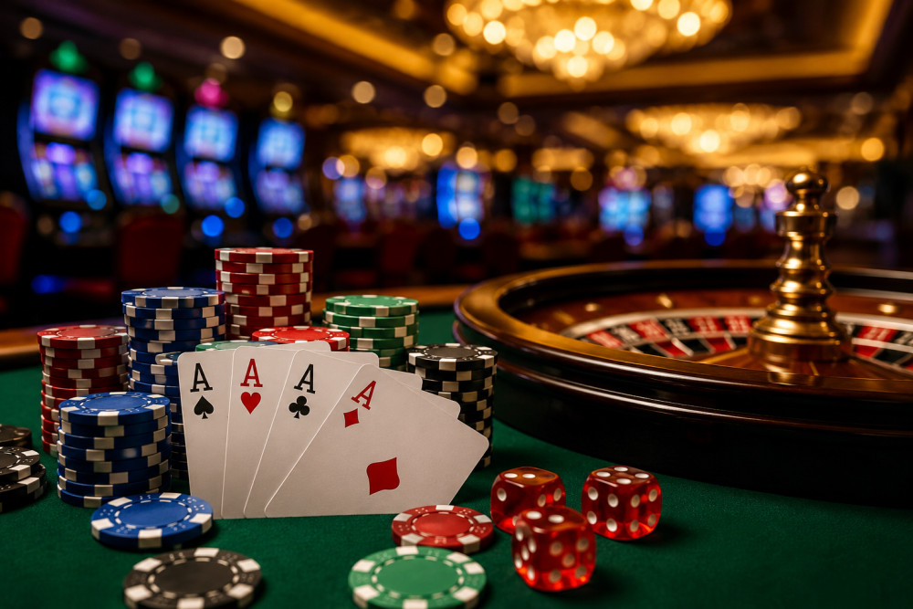 A close-up view of poker cards, chips, and dice on a green table with a roulette wheel in the background.